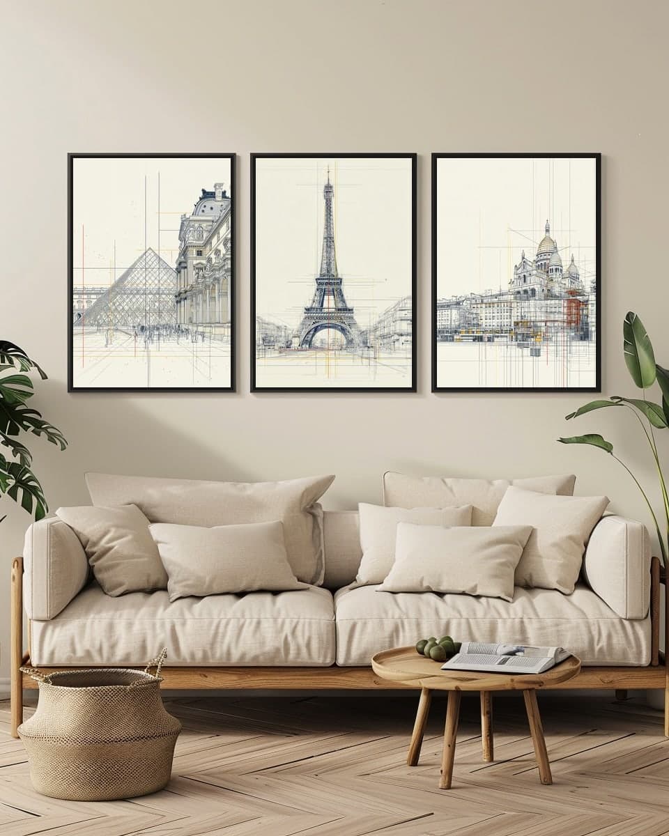 Midjourney Paris Eiffeltower in a living-room triptych