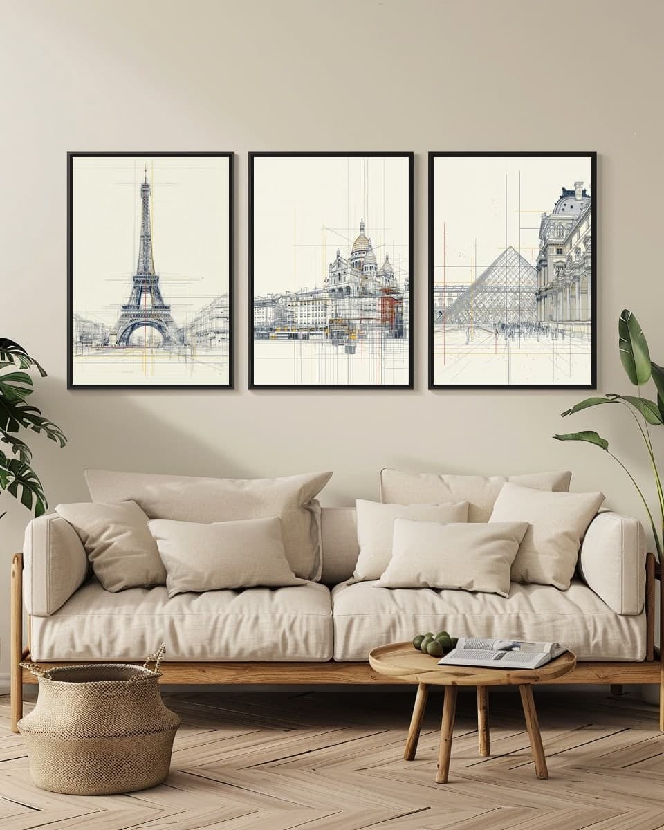 Midjourney Paris SacréCoeur in a living-room triptych