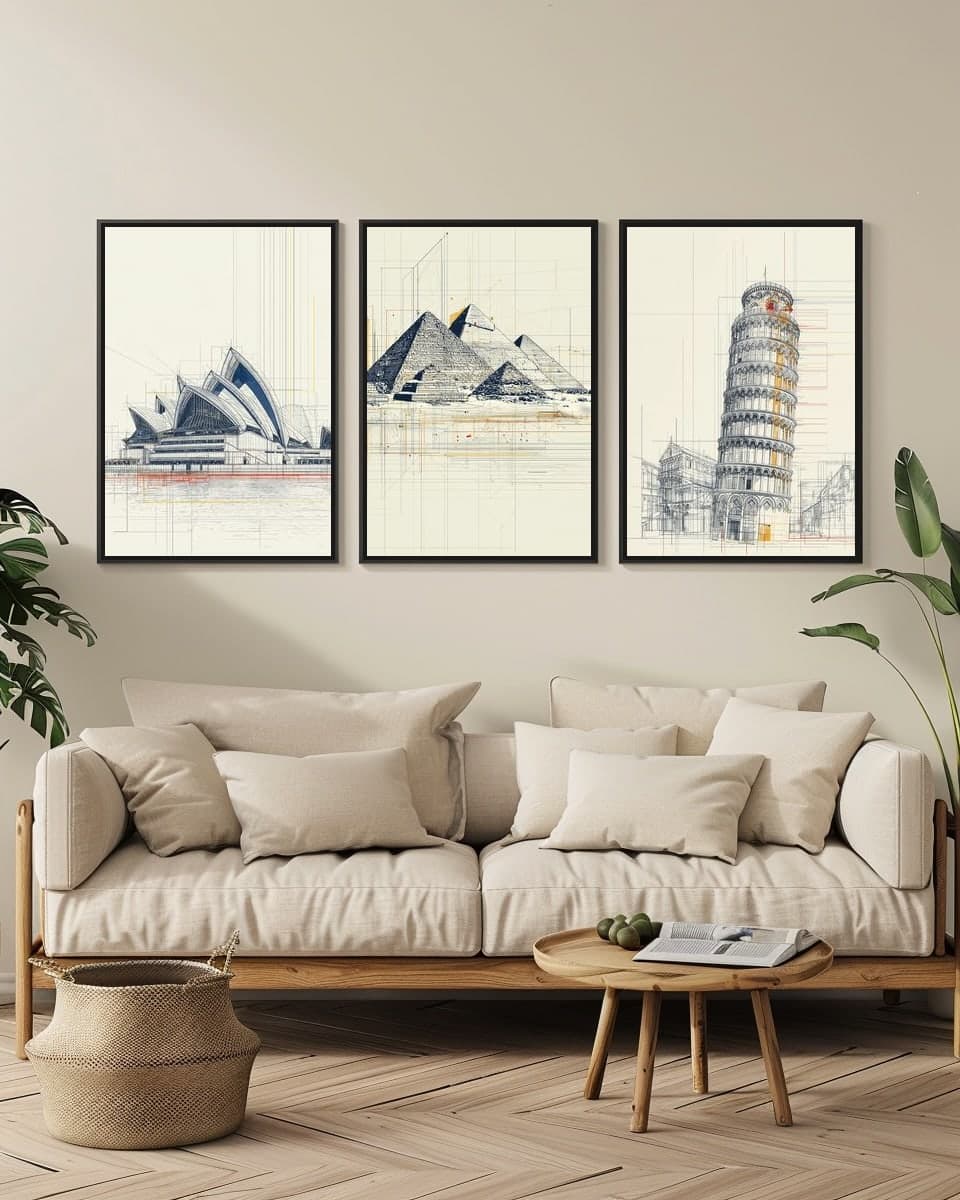 Midjourney Giza Pyramids in a living-room triptych