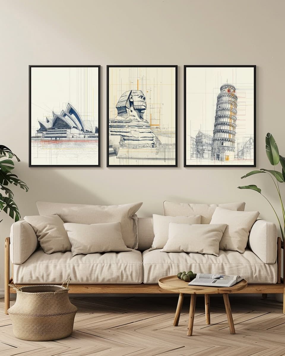 Midjourney Sphinx in a living-room triptych
