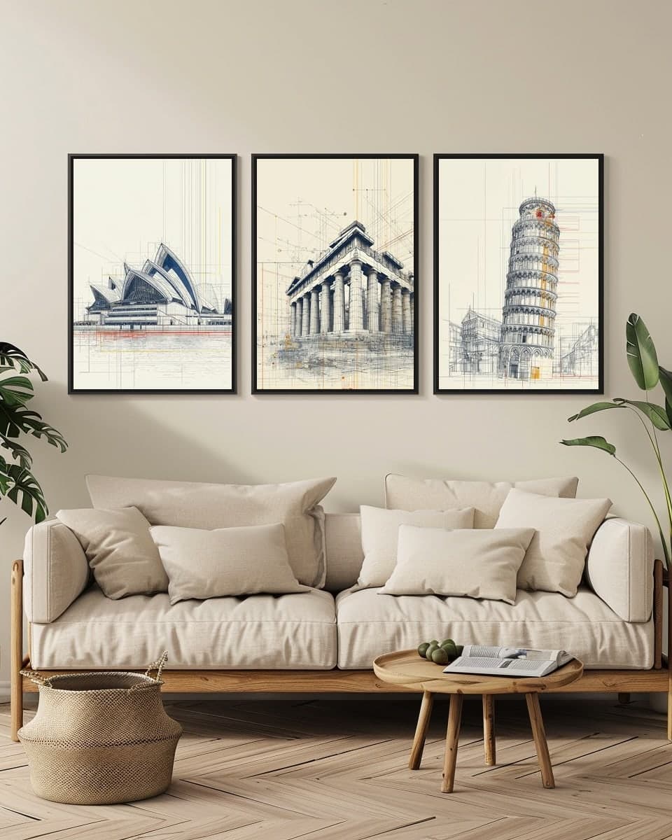 Midjourney Athens Acropolis in a living-room triptych