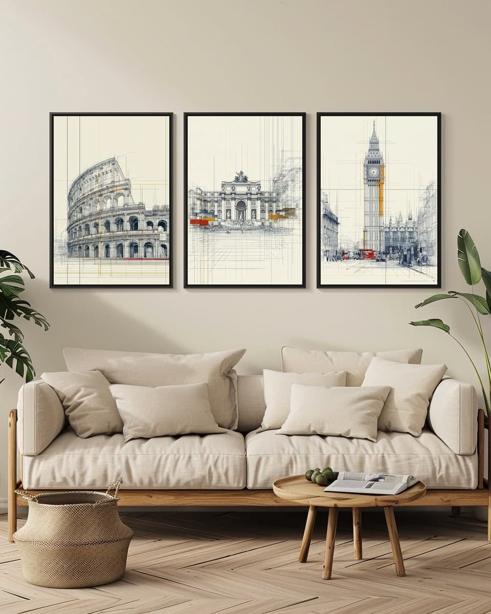 Midjourney Rome Trevifountain2 in a living-room triptych