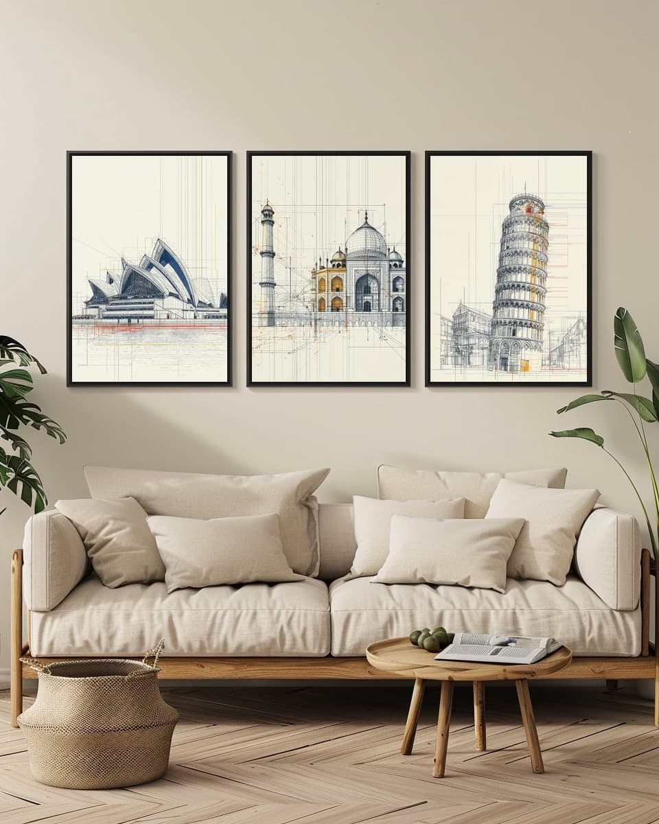 Midjourney Tajmahal in a living-room triptych