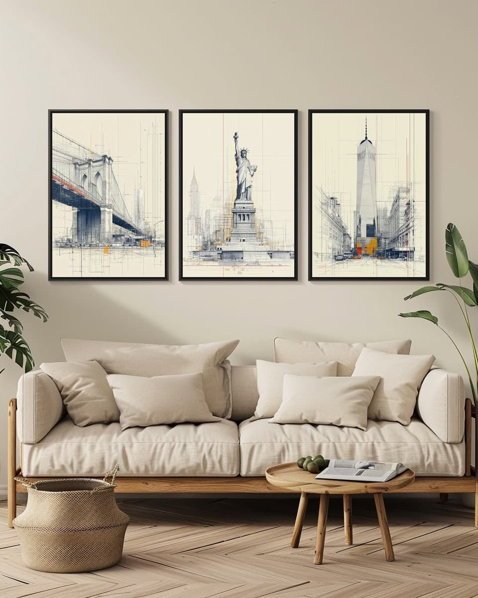 Midjourney New York Statueofliberty in a living-room triptych