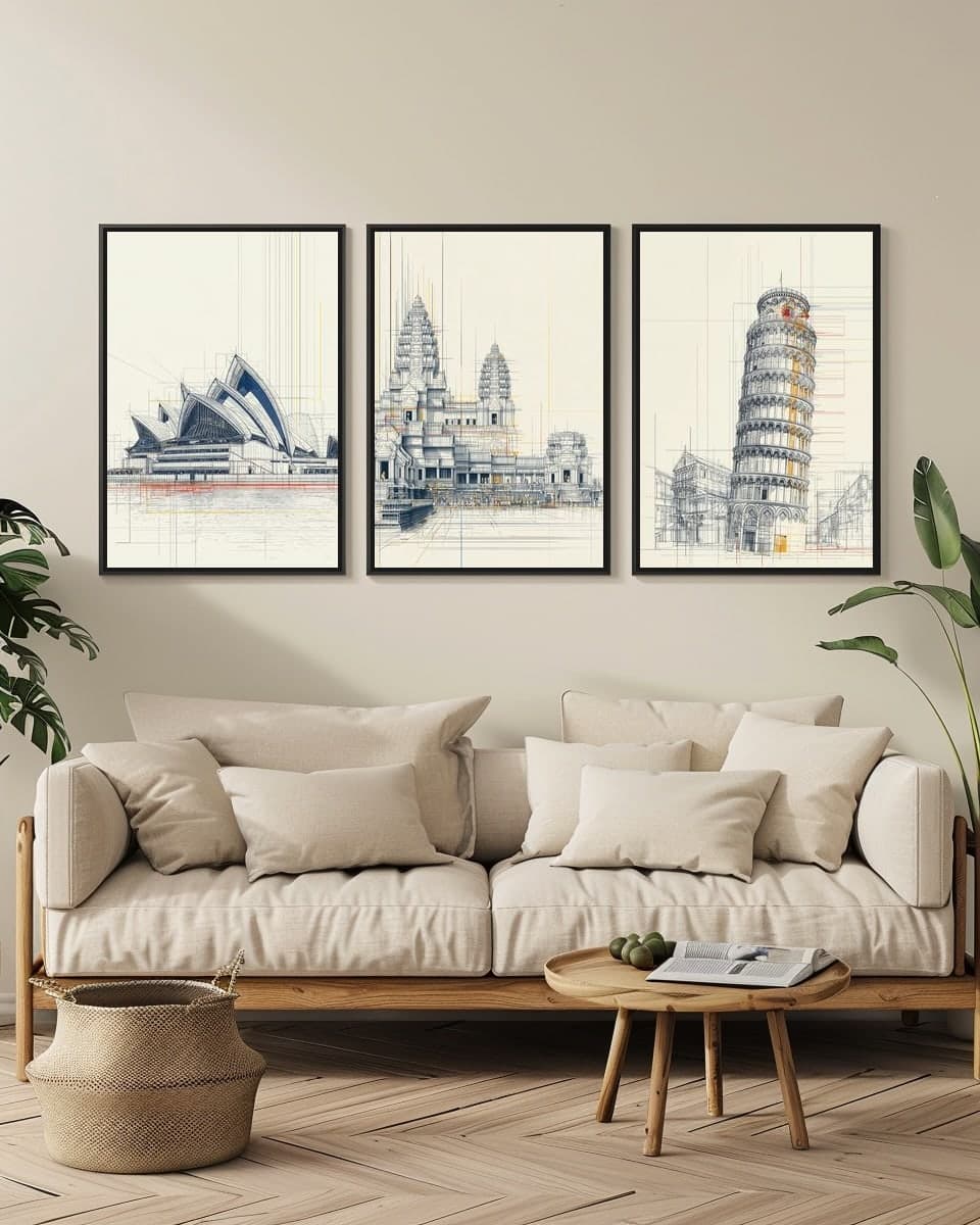 Midjourney Angkorwat in a living-room triptych