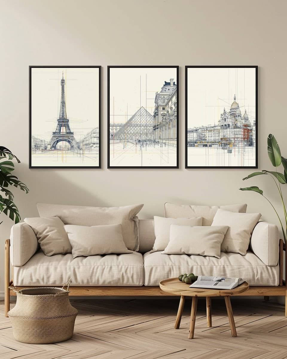 Midjourney Paris Pyramid in a living-room triptych