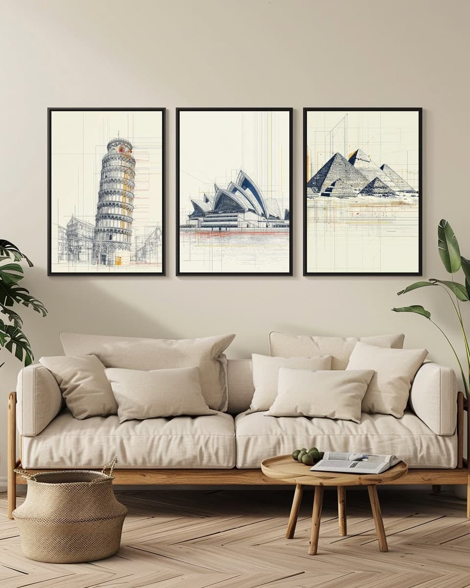 Midjourney Sydney Operahouse in a living-room triptych
