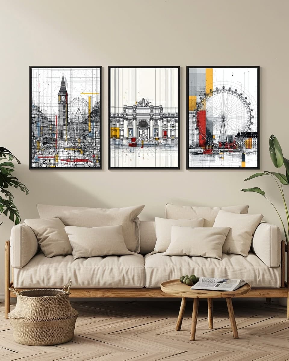 Midjourney Rome Trevifountain in a living-room triptych