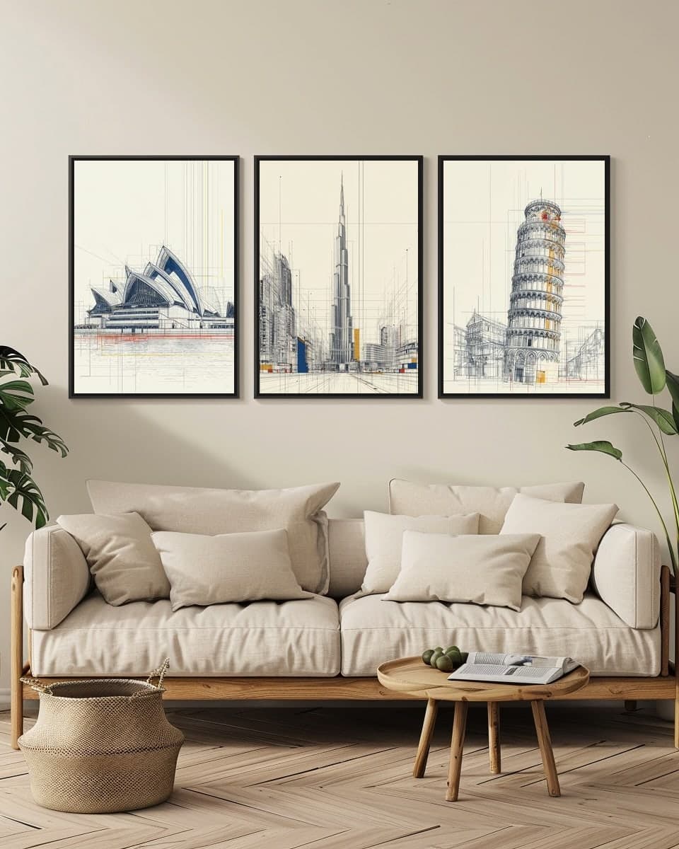 Midjourney BurjKhalifa in a living-room triptych