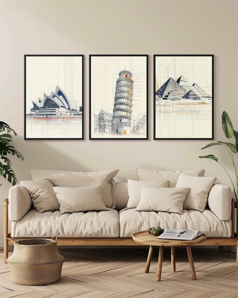 Midjourney Pisa Tower in a living-room triptych
