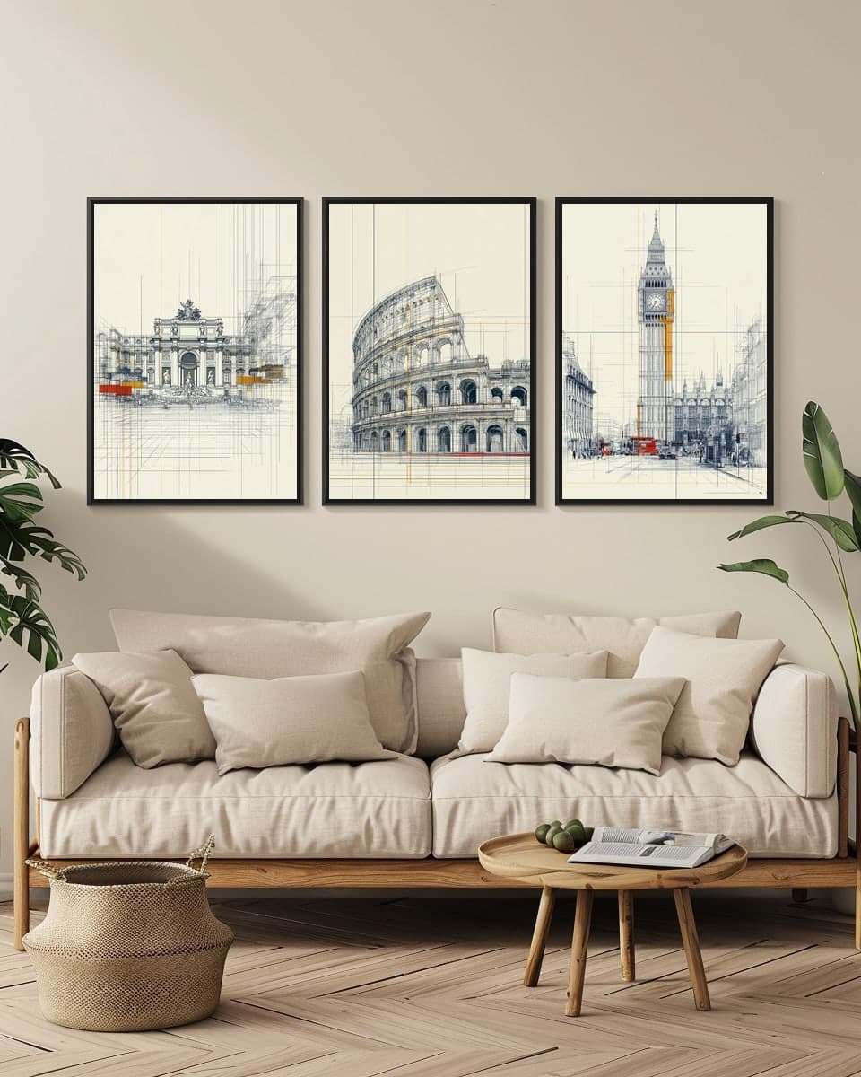 Midjourney Rome Colloseum in a living-room triptych